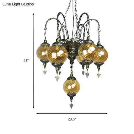 Vintage Amber Swirl Glass Globe Chandelier - Coffee House Pendant Light Fixture