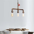 Vintage Antique Brass Island Chandelier With Valve Wheel - 3 Bulb Metal Pendant Light