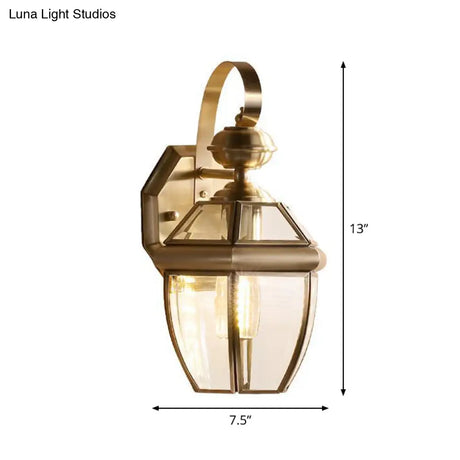 Vintage Antique Brass Wall Sconce Light With Transparent Glass - 1-Light Tapered Lamp For Outdoor
