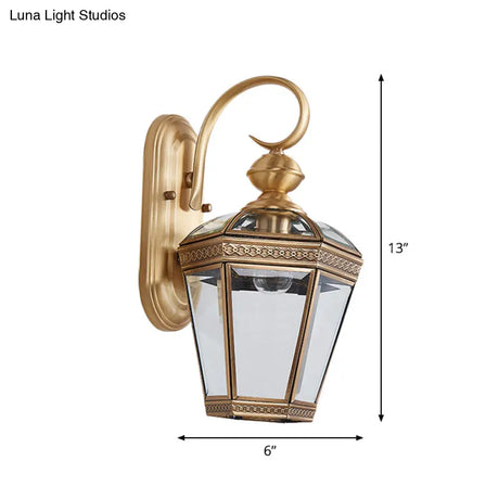 Vintage Antique Brass Wall Sconce Light With Transparent Glass - 1-Light Tapered Lamp For Outdoor