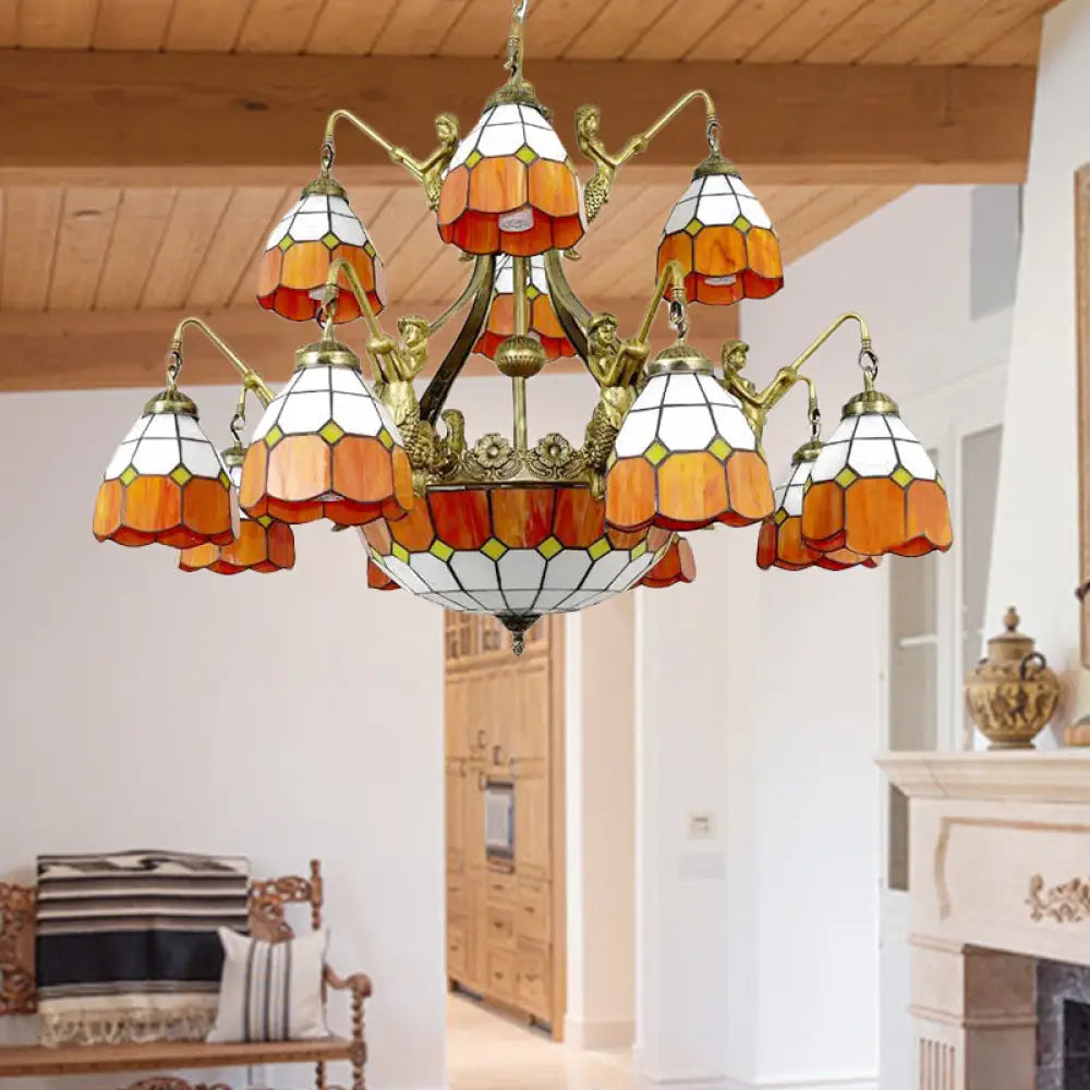 Vintage Art Glass Tiffany Chandelier - Orange Dome Hotel Lighting For Hallways 13 /