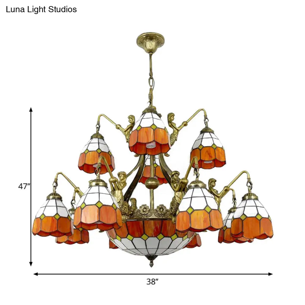 Vintage Art Glass Tiffany Chandelier - Orange Dome Hotel Lighting For Hallways