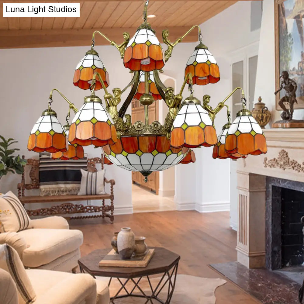Vintage Art Glass Tiffany Chandelier - Orange Dome Hotel Lighting For Hallways