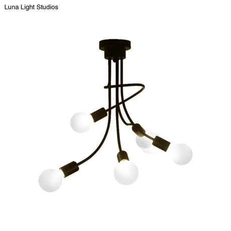 Vintage Bare Bulb Ceiling Light - Black/Gold Metallic Semi Flush With Curved Arm For Bedroom