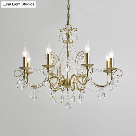 Vintage Bare Bulb Chandelier Pendant Light - Metallic Finish Clear Crystal Gold 3/6 Heads