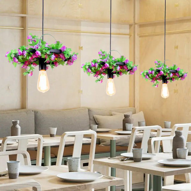 Vintage Bare Bulb Pendant Light Fixture With Led Flower Design For Restaurants Black