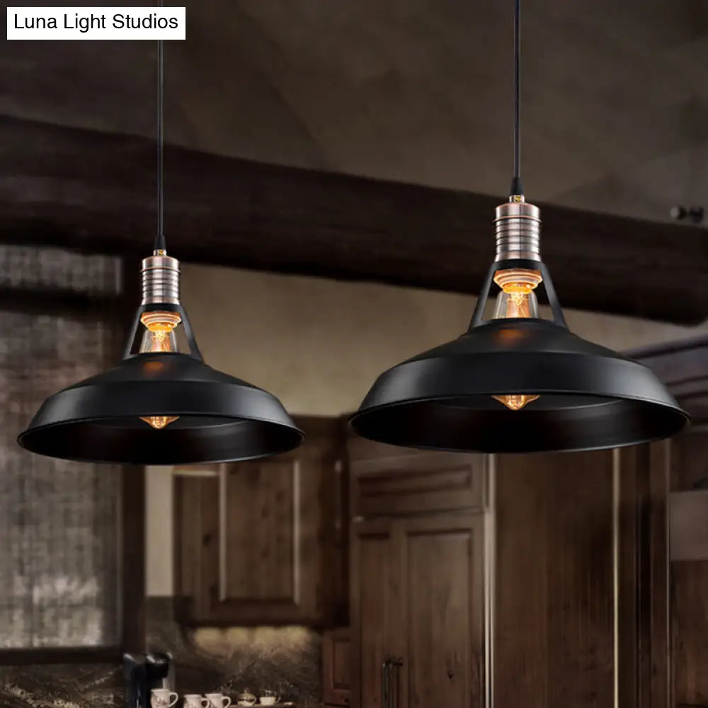 Vintage Barn Pendant Light - Metallic Black/White 1 Bulb Suspension 10.5/12/15 Inch Width