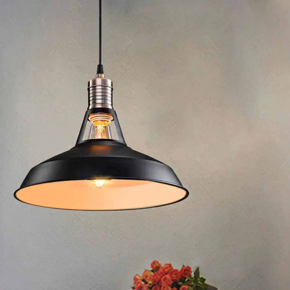 Vintage Barn Pendant Light - Metallic Black/White 1 Bulb Suspension 10.5/12/15 Inch Width Black /