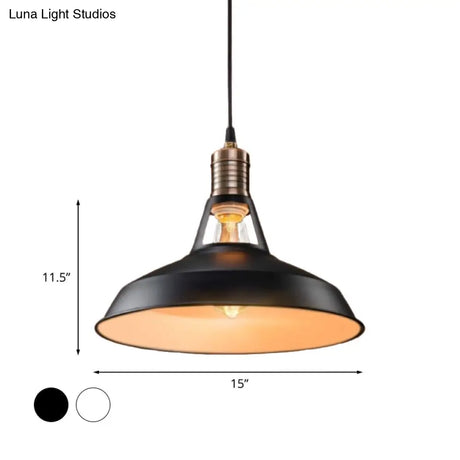 Vintage Barn Pendant Light - Metallic Black/White 1 Bulb Suspension 10.5/12/15 Inch Width