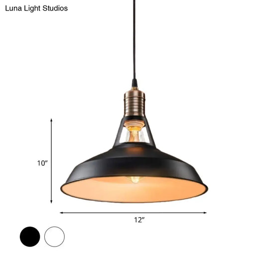 Rustic Barn Pendant Light - Vintage Style 1-Bulb Suspension Lamp In Black/White 10.5/12/15 Inch