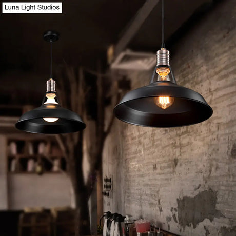 Vintage Barn Pendant Light - Metallic Black/White 1 Bulb Suspension 10.5/12/15 Inch Width