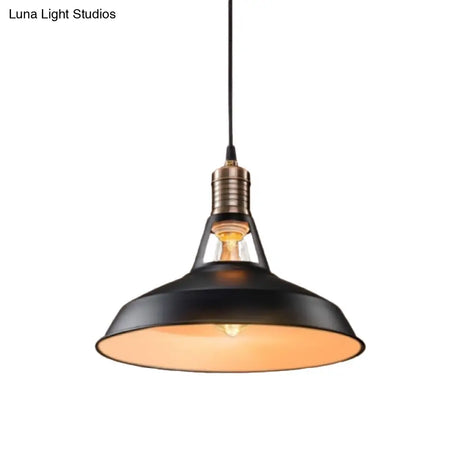 Vintage Barn Pendant Light - Metallic Black/White 1 Bulb Suspension 10.5/12/15 Inch Width