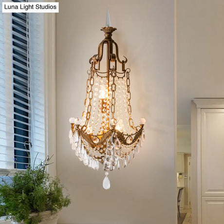 Vintage Beaded Sconce Light Fixture With Crystal Decoration Antique Brass Finish - 3 Lights Wall