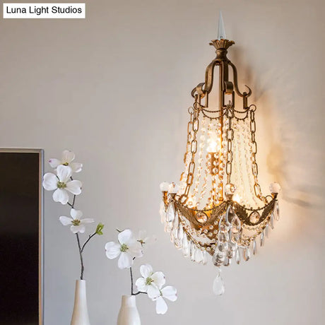 Vintage Beaded Sconce Light Fixture With Crystal Decoration Antique Brass Finish - 3 Lights Wall