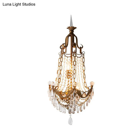 Vintage Beaded Sconce Light Fixture With Crystal Decoration Antique Brass Finish - 3 Lights Wall