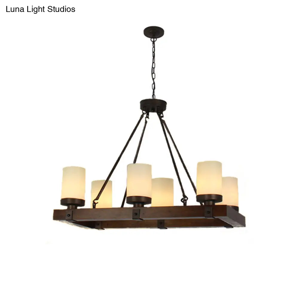 Vintage Beige Glass Island Light With Wood Base - Cylinder Dining Room Ceiling 6/8 Lights