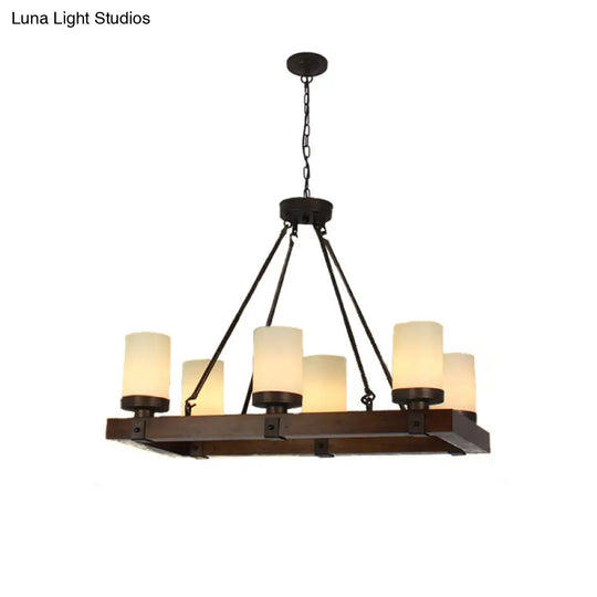 Vintage Beige Glass Island Light With Wood Base - Cylinder Dining Room Ceiling 6/8 Lights