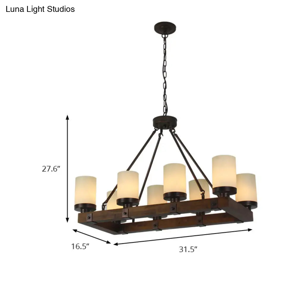 Vintage Beige Glass Island Light With Wood Base - Cylinder Dining Room Ceiling 6/8 Lights