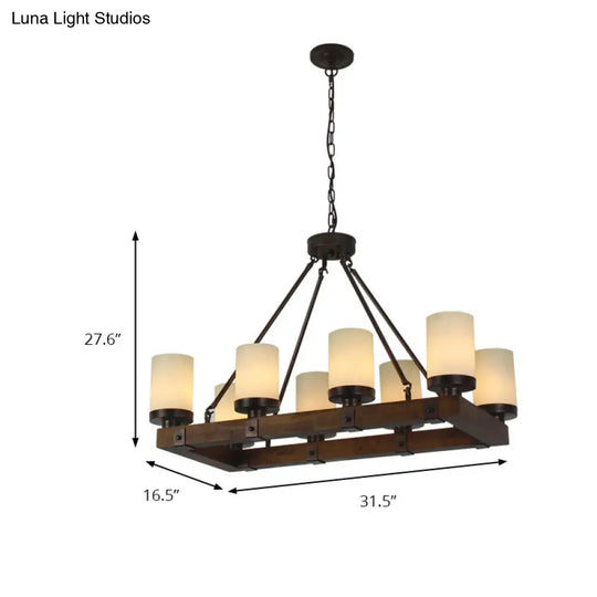 Vintage Beige Glass Island Light With Wood Base - Cylinder Dining Room Ceiling 6/8 Lights