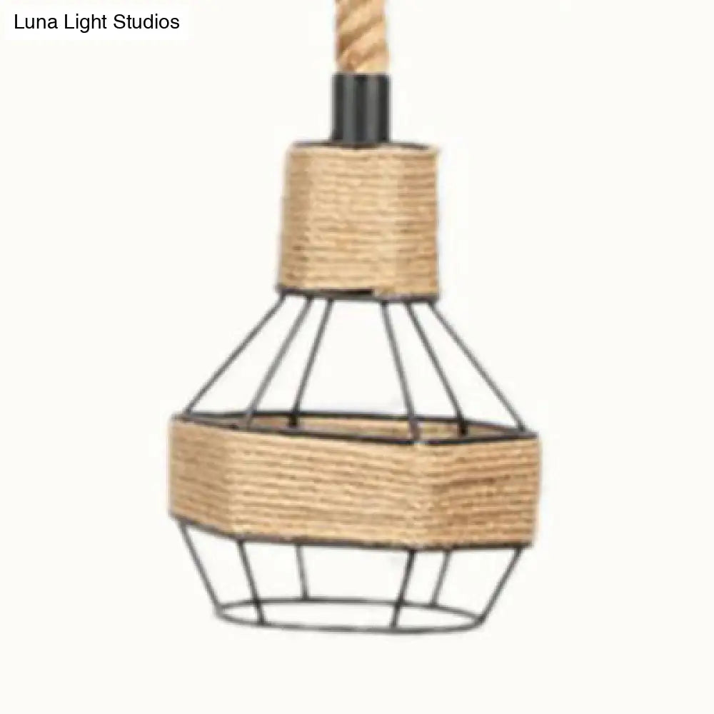 Vintage Beige Pendant Light With Wire Cage Shade – Rustic Metal And Rope Design Ideal For Indoor