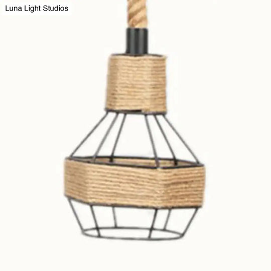 Vintage Beige Pendant Light With Wire Cage Shade – Rustic Metal And Rope Design Ideal For Indoor