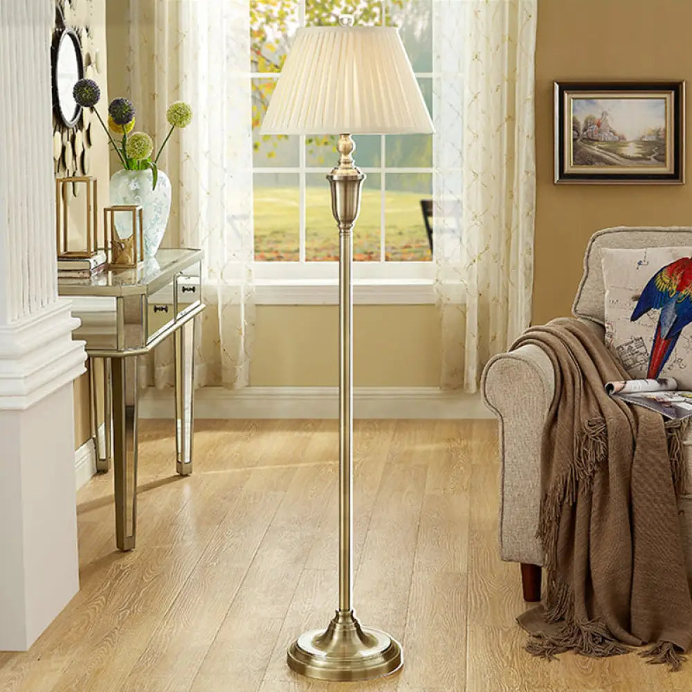 Vintage Beige Pleated Fabric Floor Lamp: Single-Bulb Empire Shade For Living Room