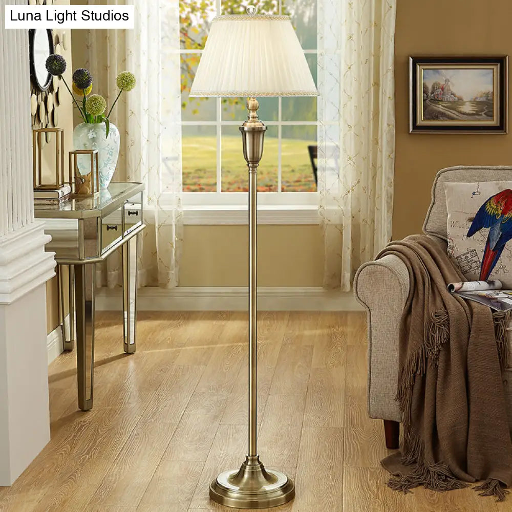 Vintage Beige Pleated Fabric Floor Lamp: Single-Bulb Empire Shade For Living Room