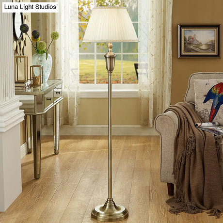 Vintage Beige Pleated Fabric Floor Lamp: Single-Bulb Empire Shade For Living Room