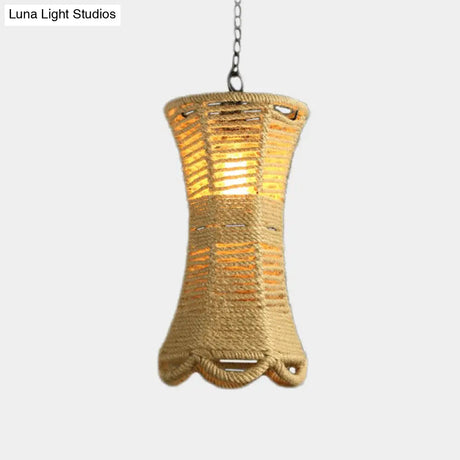 Vintage Beige Radian Pendant Lamp: Hand-Woven 1-Head Restaurant Hanging Light Fixture With Rope