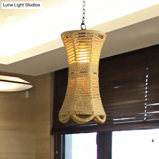 Beige Radian Pendant Lamp With Vintage Rope - Hand-Woven Hanging Light Fixture For Restaurants