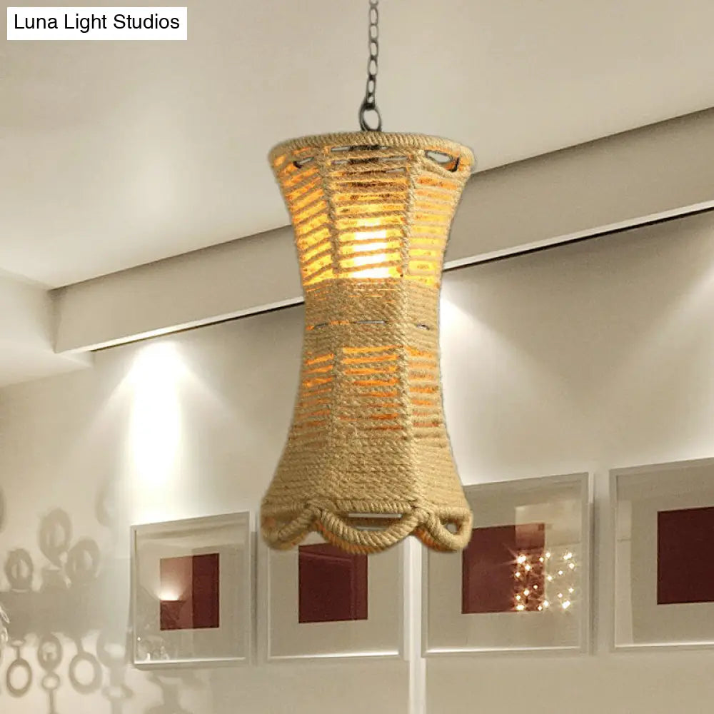 Beige Radian Pendant Lamp With Vintage Rope - Hand-Woven Hanging Light Fixture For Restaurants