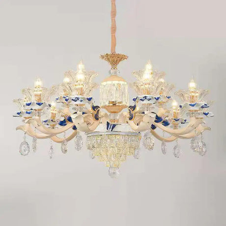 Vintage Beige Ruffle Floral Chandelier Light With Crystal Accent - Faceted Glass For Living Room 15
