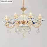 Vintage Beige Ruffle Floral Chandelier Light With Crystal Accent - Faceted Glass For Living Room