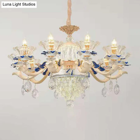 Vintage Beige Ruffle Floral Chandelier Light With Crystal Accent - Faceted Glass For Living Room