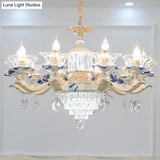 Vintage Beige Ruffle Floral Chandelier Light With Crystal Accent - Faceted Glass For Living Room