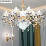 Vintage Beige Ruffle Floral Chandelier Light With Crystal Accent - Faceted Glass For Living Room