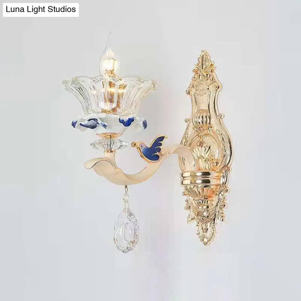 Vintage Beige Ruffle Floral Chandelier Light With Crystal Accent - Faceted Glass For Living Room