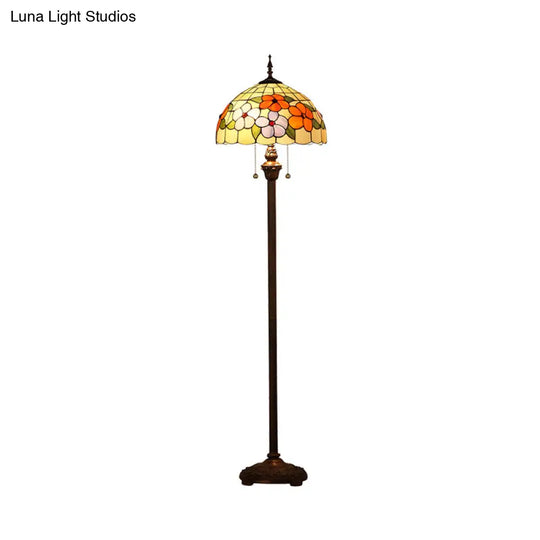 Vintage Beige Stained Glass Stand Up Lamp With Pull Chain - 2 Bulb Flower Floor Lighting For Living