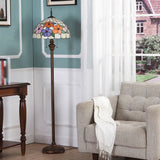Vintage Beige Stained Glass Stand Up Lamp With Pull Chain - 2 Bulb Flower Floor Lighting For Living