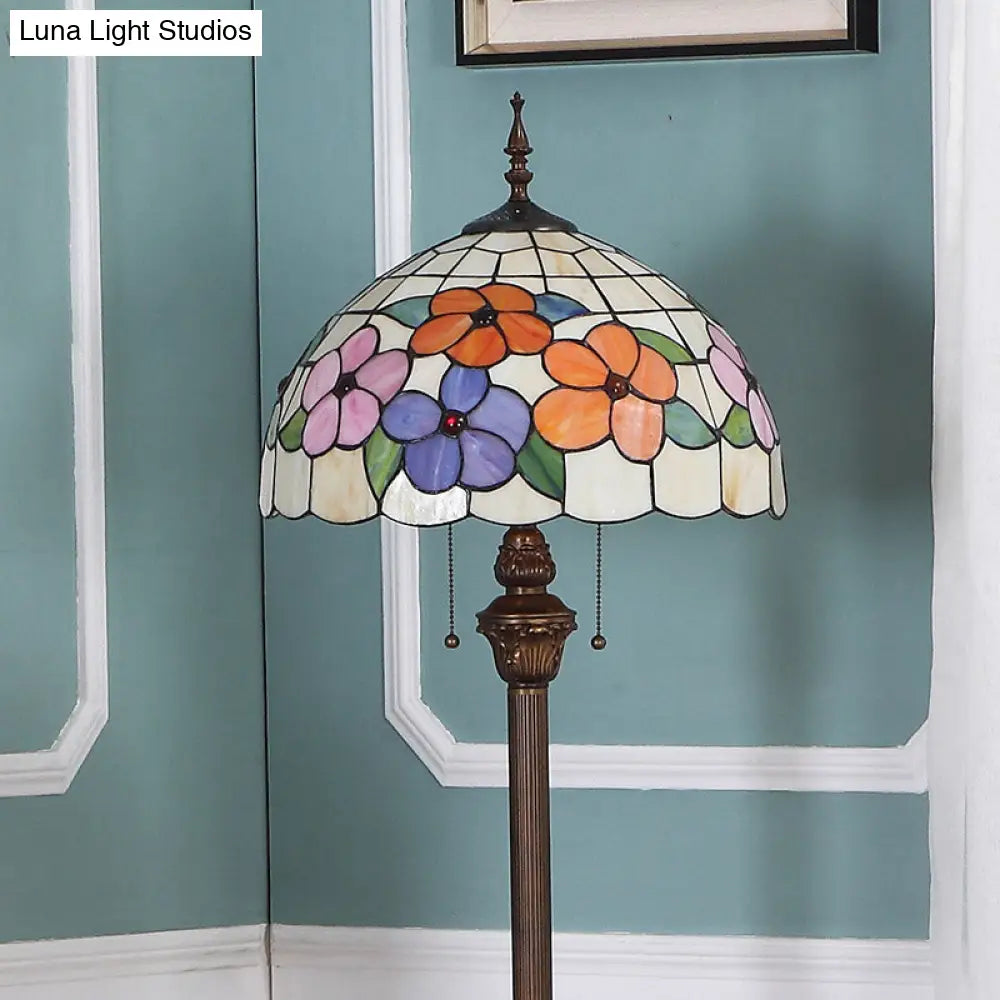 Vintage Beige Stained Glass Stand Up Lamp With Pull Chain - 2 Bulb Flower Floor Lighting For Living