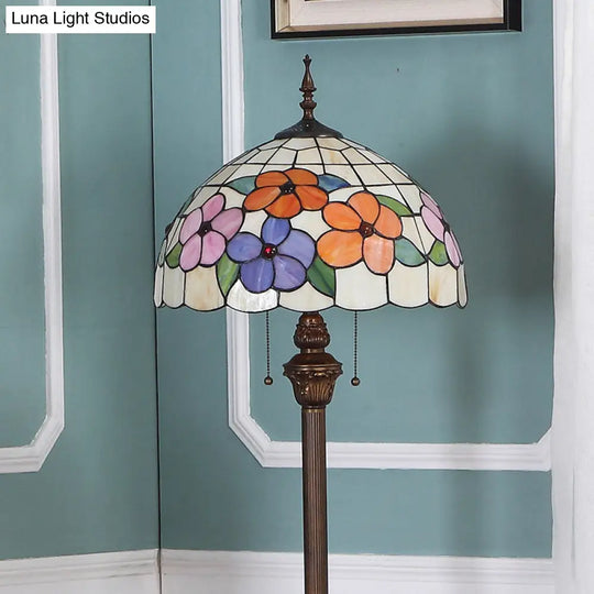 Vintage Beige Stained Glass Stand Up Lamp With Pull Chain - 2 Bulb Flower Floor Lighting For Living