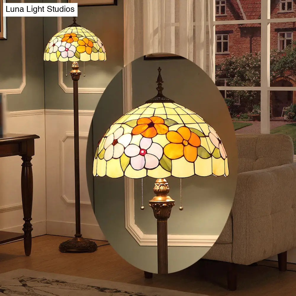 Vintage Beige Stained Glass Stand Up Lamp With Pull Chain - 2 Bulb Flower Floor Lighting For Living