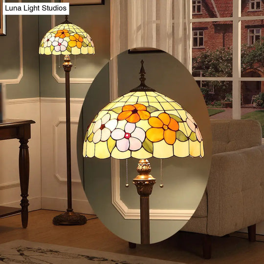 Vintage Beige Stained Glass Stand Up Lamp With Pull Chain - 2 Bulb Flower Floor Lighting For Living