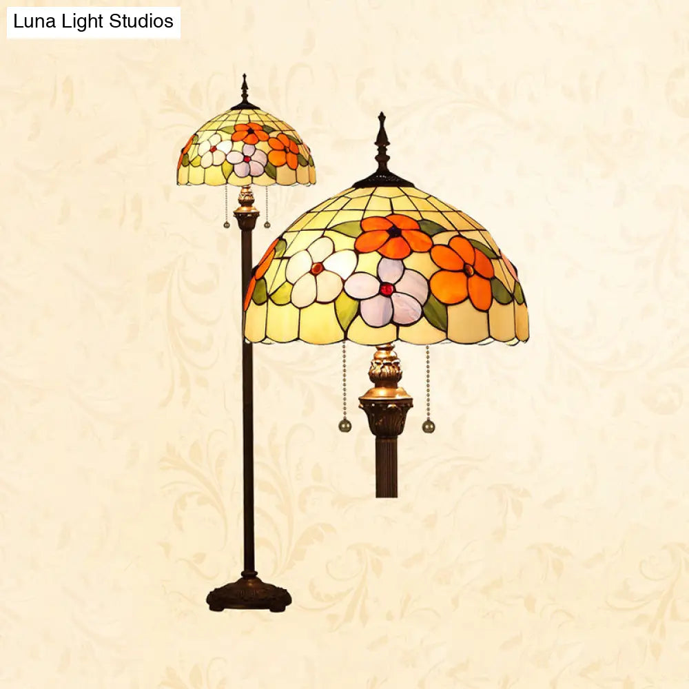 Vintage Beige Stained Glass Stand Up Lamp With Pull Chain - 2 Bulb Flower Floor Lighting For Living