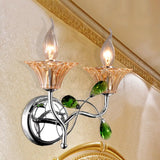 Vintage Bell Amber Glass Sconce Lamp - Stylish Chrome Wall Light With Green Teardrop Crystal Deco