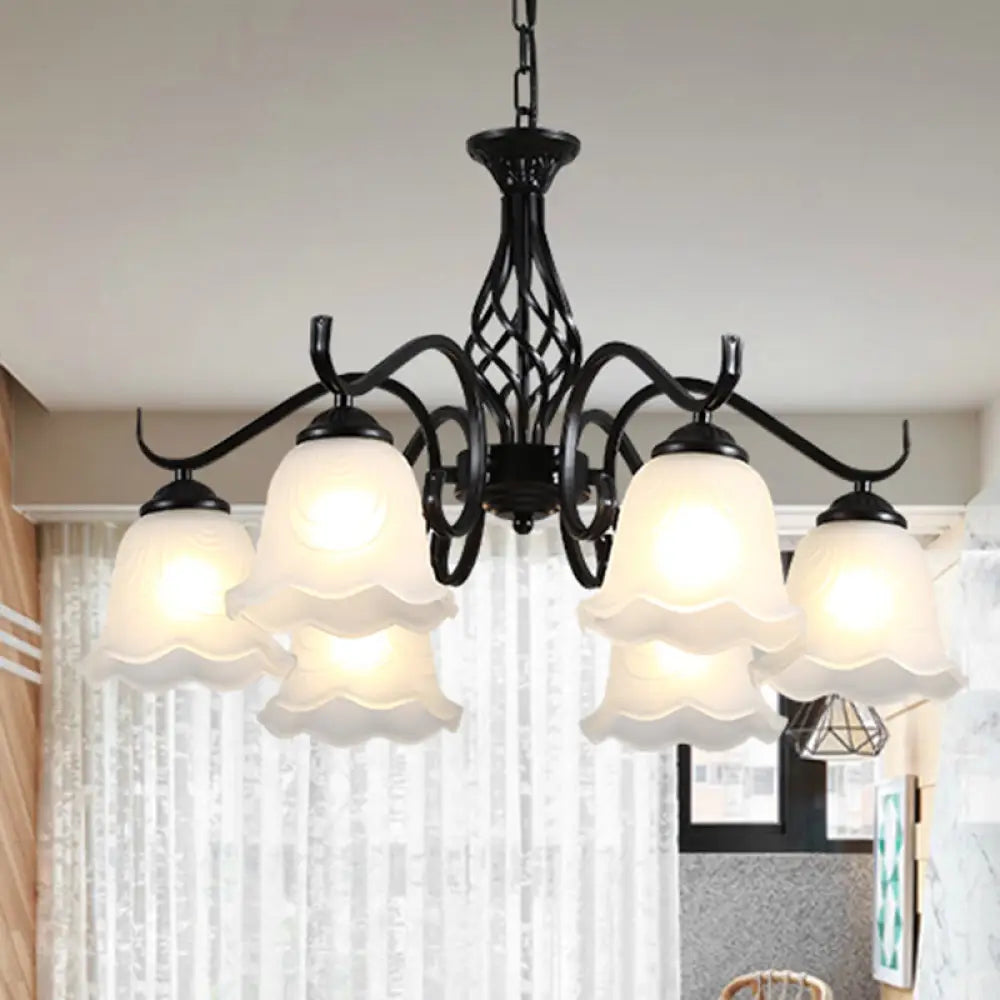 Vintage Bell Chandelier With Ruffle Glass Pendant Light Fixture For Dining Room 6 / Black B