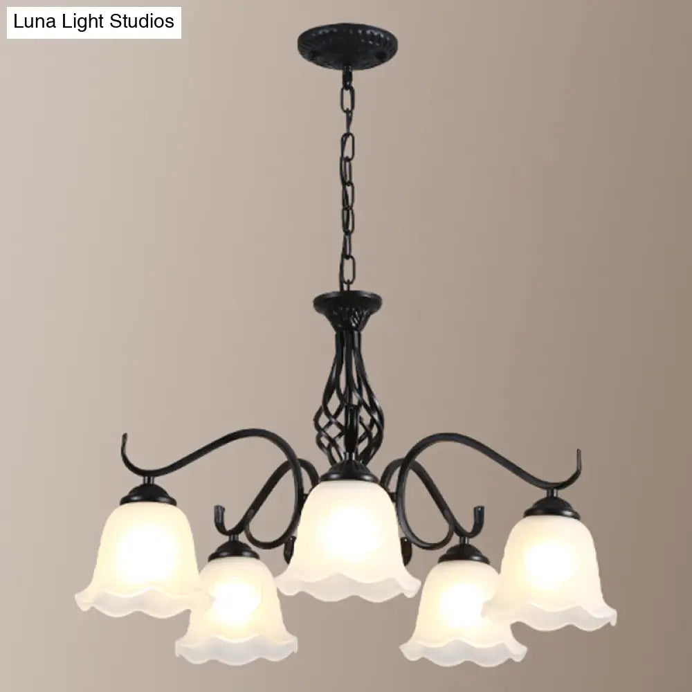 Vintage Bell Chandelier With Ruffle Glass Pendant Light Fixture For Dining Room