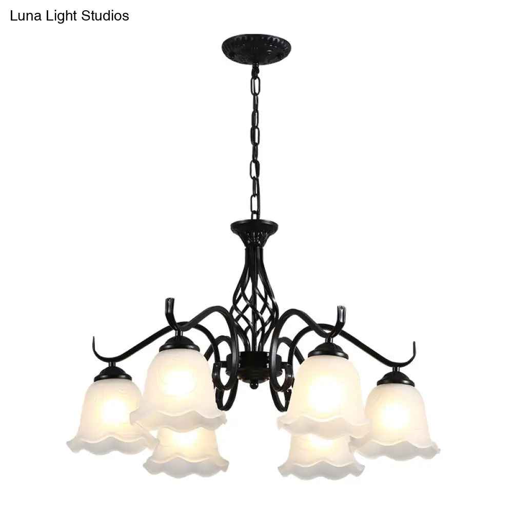 Vintage Bell Chandelier With Ruffle Glass Pendant Light Fixture For Dining Room