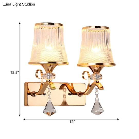 Vintage Bell Sconce Light Fixture Clear Glass Gold Finish Crystal Accent 2 Lights Bedroom Wall Lamp