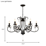 Vintage Bent Arm Frame Ceiling Light - 6/8 Black Lights With Crystal Drop For Living Room